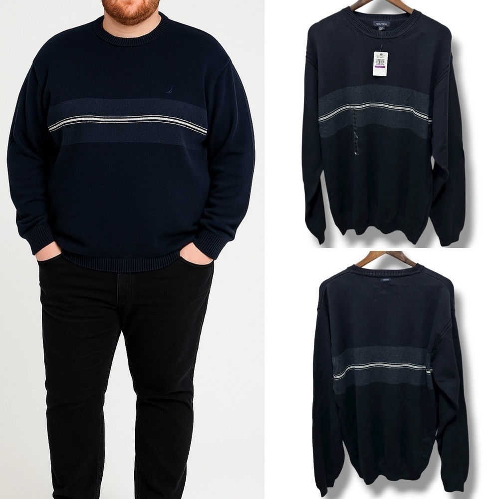 384 Nautica|NWT Malaysia Men’s Navy Stripe Classic Fit Crewneck Sweater (sz 2XL)
